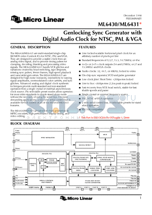 ML6430 datasheet - Genlocking Sync Generator with Digital Audio Clock for NTSC, PAL & VGA