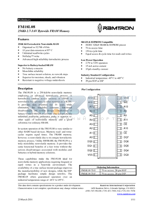 FM18L08-70-P datasheet - 256Kb 2.7-3.6V Bytewide FRAM Memory