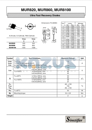 MUR820 datasheet - Ultra Fast Recovery Diodes