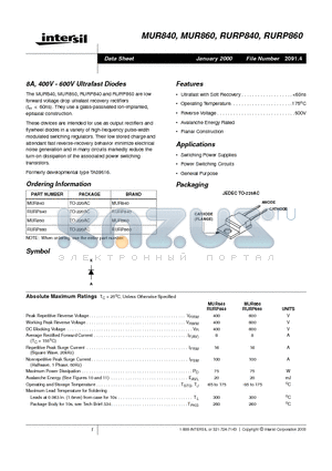 MUR840 datasheet - 8A, 400V - 600V Ultrafast Diodes