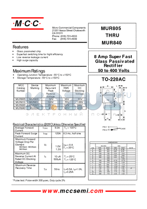 MUR840 datasheet - 8 Amp S uper Fast Glass Passivated R ec tif ie r 50 to 400 Volts