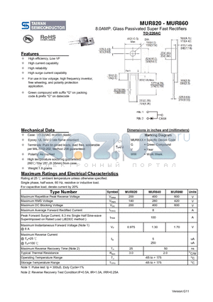 MUR820_11 datasheet - 8.0AMP. Glass Passivated Super Fast Rectifiers