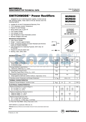 MUR860 datasheet - ULTRAFAST RECTIFIERS 8 AMPERES 200-400-600 VOLTS