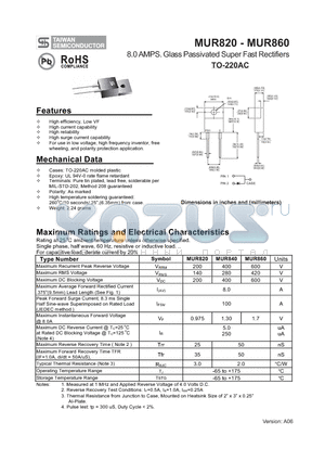 MUR860 datasheet - 8.0 AMPS. Glass Passivated Super Fast Rectifiers