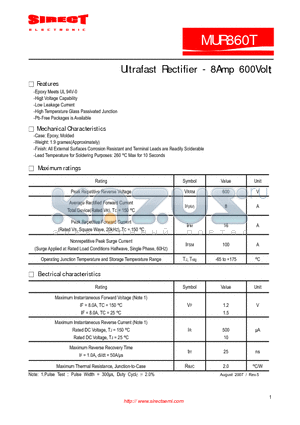 MUR860T datasheet - Ultrafast Rectifier - 8Amp 600Volt