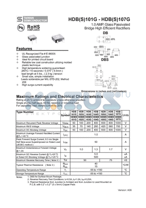 HDB104G datasheet - 1.0 AMP. Glass Passivated Bridge High Efficient Rectifiers