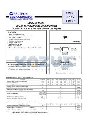 FM205 datasheet - SURFACE MOUNT GLASS PASSIVATED SILICON RECTIFIER (VOLTAGE RANGE 50 to 1000 Volts CURRENT 2.0 Amperes)