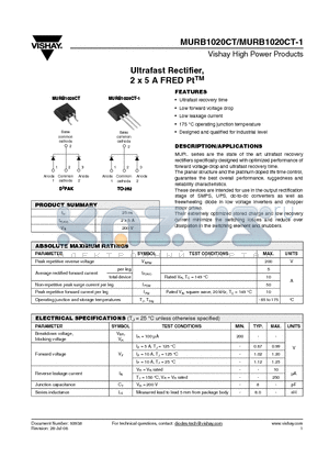 MURB1020CT-1 datasheet - Ultrafast Rectifier, 2 x 5 A FRED PtTM