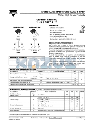 MURB1020CT-1PBF datasheet - Ultrafast Rectifier, 2 x 5 A FRED PtTM