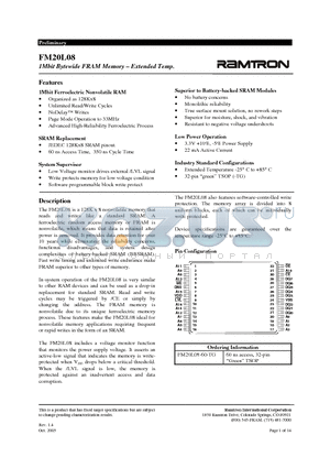 FM20L08-60-TG datasheet - 1Mbit Bytewide FRAM Memory - Extended Temp