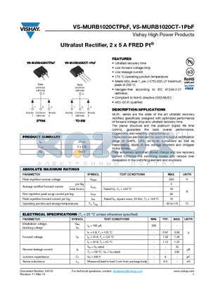 MURB1020CT-1TRRP datasheet - Ultrafast Rectifier, 2 x 5 A FRED Pt