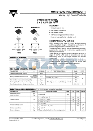 MURB1020CT-1TRR datasheet - Ultrafast Rectifier, 2 x 5 A FRED PtTM