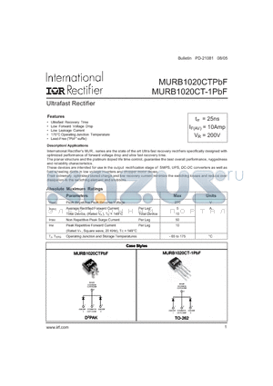 MURB1020CTPBF datasheet - Ultrafast Rectifier