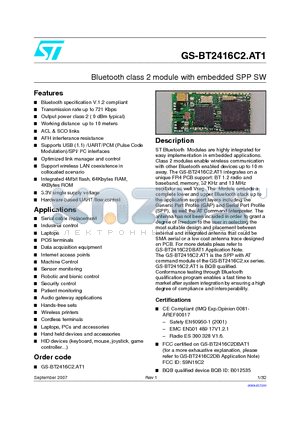 GS-BT2416C2 datasheet - Bluetooth class 2 module with embedded SPP SW