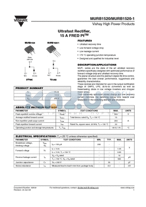MURB1520-1 datasheet - Ultrafast Rectifier, 15 A FRED PtTM