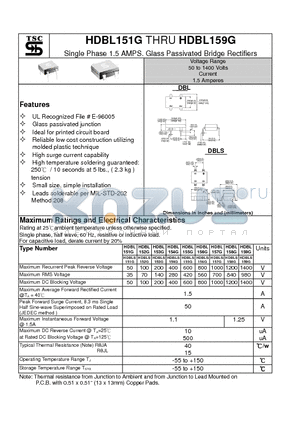 HDBL152G datasheet - Single Phase 1.5 AMPS. Glass Passivated Bridge Rectifiers
