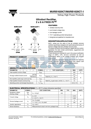 MURB1620CT-1TRL datasheet - Ultrafast Rectifier, 2 x 8 A FRED PtTM