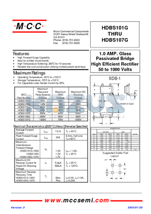 HDBS102G datasheet - 1.0 AMP. Glass Passivated Bridge High Efficient Rectifier 50 to 1000 Volts