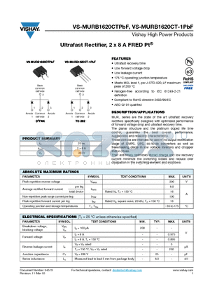 MURB1620CT-1TRLPBF datasheet - Ultrafast Rectifier, 2 x 8 A FRED Pt