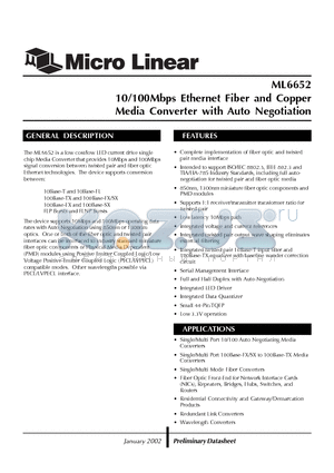 ML6652 datasheet - 10/100Mbps Ethernet Fiber and Copper Media Converter with Auto Negotiation