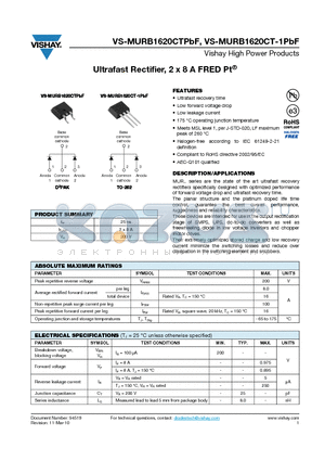 MURB1620CT-1TRRPBF datasheet - Ultrafast Rectifier, 2 x 8 A FRED Pt