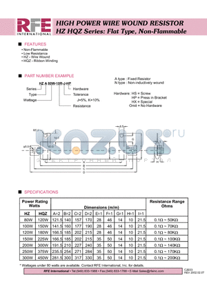 HQZA225W-10R-J-HX datasheet - HIGH POWER WIRE WOUND RESISTOR HZ HQZ Series: Flat Type, Non-Flammable