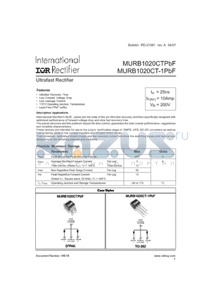 MURB1020CT-1PUF datasheet - Ultrafast Rectifier