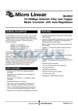 ML6652CH datasheet - 10/100Mbps Ethernet Fiber and Copper Media Converter with Auto-Negotiation