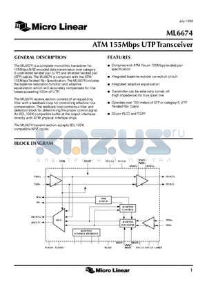 ML6674 datasheet - ATM 155Mbps UTP Transceiver