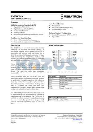 FM24C04A datasheet - 4Kb FRAM Serial Memory