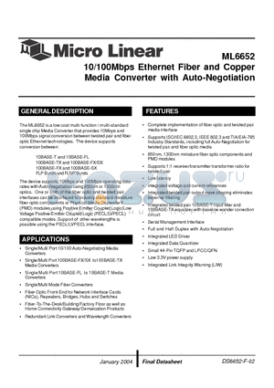 ML6652_04 datasheet - 10/100Mbps Ethernet Fiber and Copper Media Converter with Auto-Negotiation