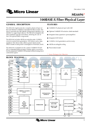 ML6696CH datasheet - 100BASE-X Fiber Physical Layer