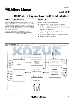 ML6694 datasheet - 100BASE-TX Physical Layer with 5-Bit Interface