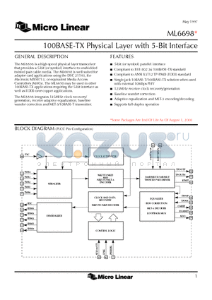 ML6698 datasheet - 100BASE-TX Physical Layer with 5-Bit Interface