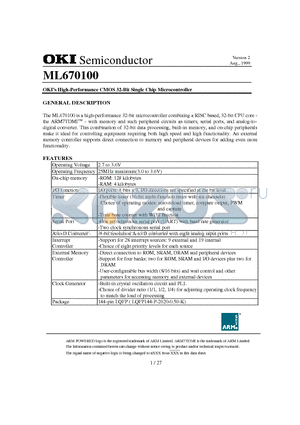 ML670100 datasheet - OKIs High-Performance CMOS 32-Bit Single Chip Microcontroller