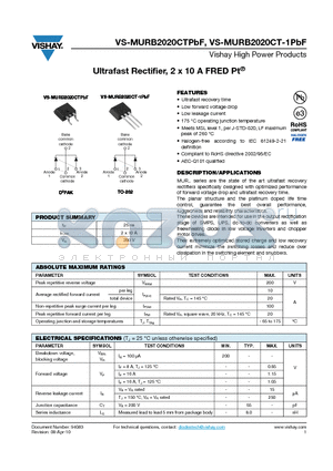 MURB2020CT-1TRLPBF datasheet - Ultrafast Rectifier, 2 x 10 A FRED Pt