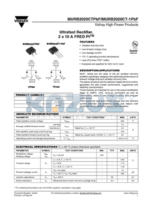 MURB2020CTPBF datasheet - Ultrafast Rectifier, 2 x 10 A FRED PtTM