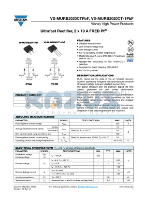 MURB2020CTTRLPBF datasheet - Ultrafast Rectifier, 2 x 10 A FRED Pt