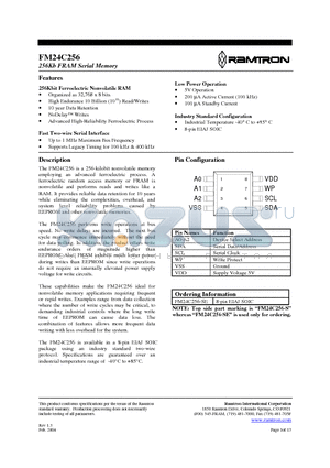 FM24C256 datasheet - 256Kb FRAM Serial Memory