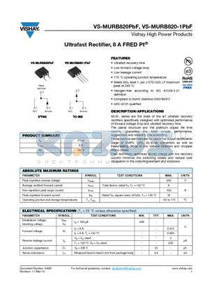 MURB820-1TRLPBF datasheet - Ultrafast Rectifier, 8 A FRED Pt