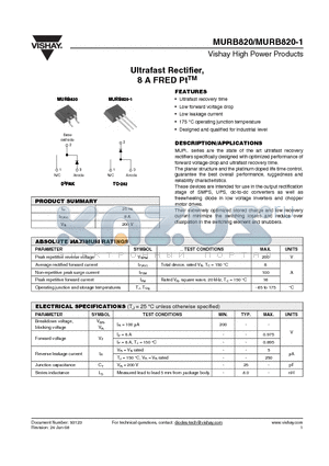 MURB820-1TRR datasheet - Ultrafast Rectifier, 8 A FRED PtTM