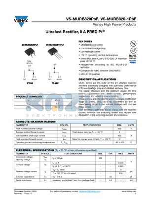 MURB820TRLPBF datasheet - Ultrafast Rectifier, 8 A FRED Pt