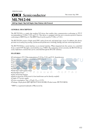 ML7012-04GA datasheet - 2400 bps Single Chip Full Duplex Data Modem with Protocol