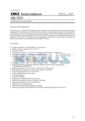 ML7033GA datasheet - Dual-Channel Line Card CODEC