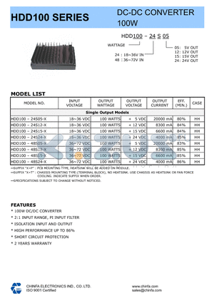 HDD100-24S24-T datasheet - DC-DC CONVERTER 100W