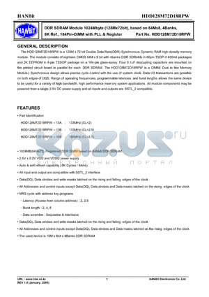 HDD128M72D18RPW-13B datasheet - DDR SDRAM Module 1024Mbyte (128Mx72bit), based on 64Mx8, 4Banks, 8K Ref., 184Pin-DIMM with PLL & Register