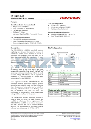 FM24CL04B datasheet - 4Kb Serial 3V F-RAM Memory