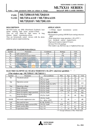 ML720J11S datasheet - MITSUBISHI LASER DIODES InGaAsP DFB LASER DIODES