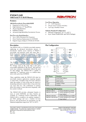 FM24CL16B datasheet - 16Kb Serial 3V F-RAM Memory