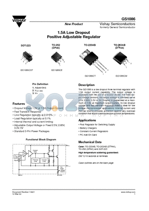 GS1086CST3.3 datasheet - 1.5A Low Dropout Positive Adjustable Regulator